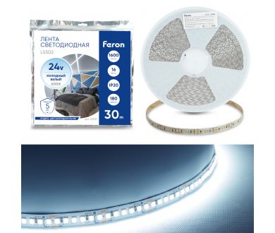 Светодиодная лента 24V Feron LS502, 180*SMD2835, 16W/m, IP20, 6000К (холодный белый) 53091