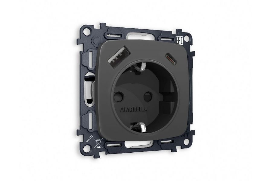 Комплект механизма розетки 2USB A+C 20W (быстрая зарядка) с/з Ambrella Volt Omega MO910010