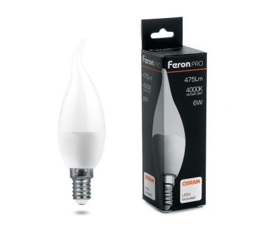 Лампа светодиодная Feron E14 6W 4000K свеча на ветру матовая LB-1306 38048