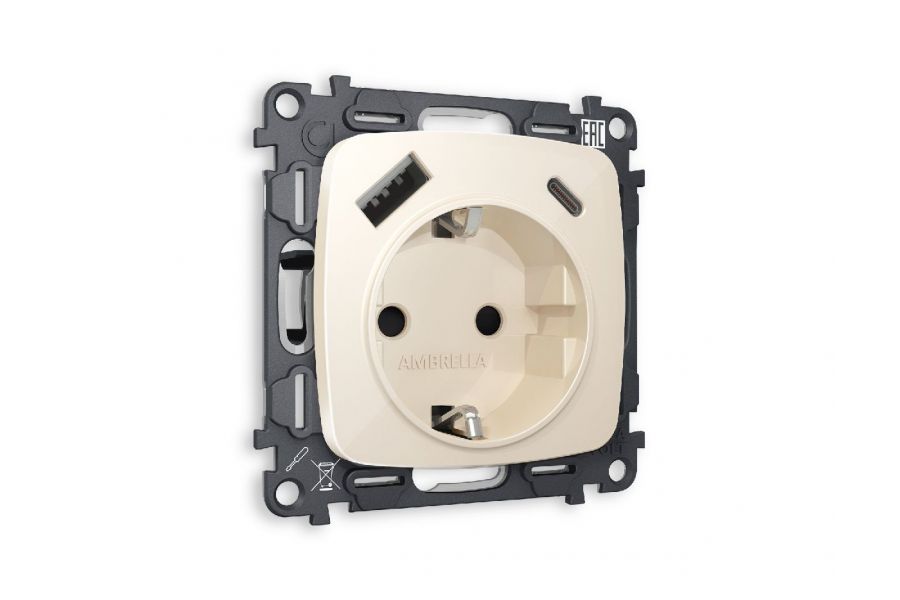 Комплект механизма розетки 2USB A+C 20W (быстрая зарядка) с/з Ambrella Volt Omega MO310010
