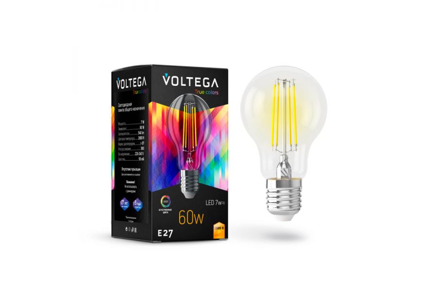 Лампа светодиодная Voltega E27 7W 2800K груша прозрачная VG10-A60E27warm7W-F 7140