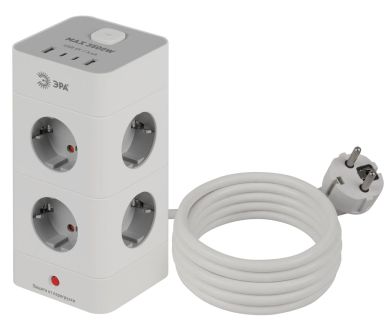 Сетевой фильтр ЭРА TWR-8es-1,5m-4USB-W башня с защитой заземлением с выключателем 8 розеток+4xUSBA+C 1,5м 16А белый Б0069071