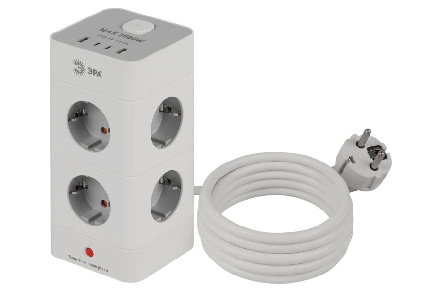 Сетевой фильтр ЭРА TWR-8es-1,5m-4USB-W башня с защитой заземлением с выключателем 8 розеток+4xUSBA+C 1,5м 16А белый Б0069071
