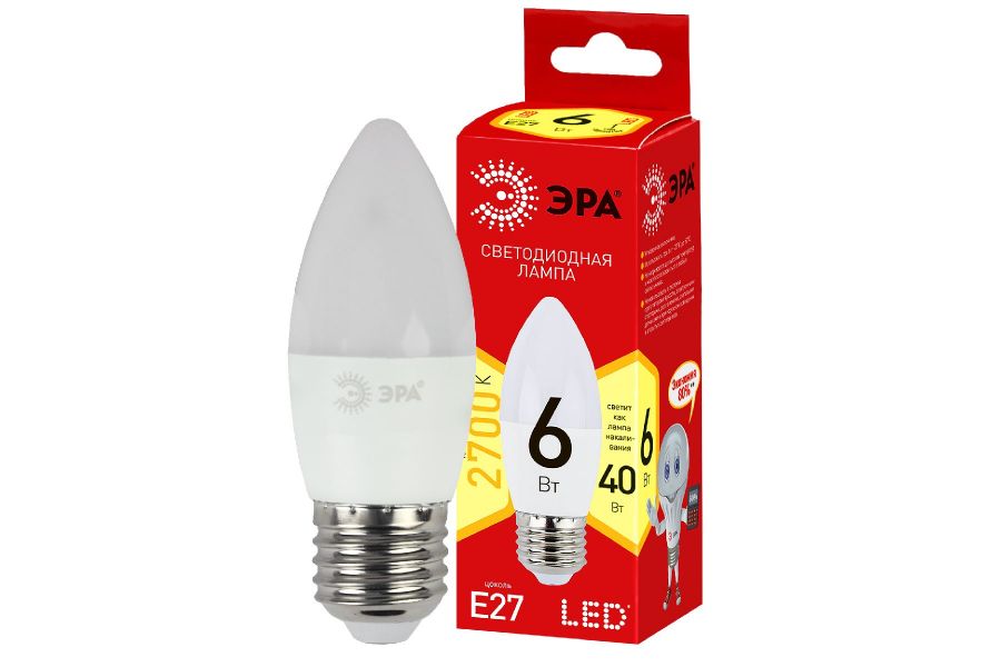 Лампа светодиодная Эра E27 6W 2700K ECO LED B35-6W-827-E27 Б0020620