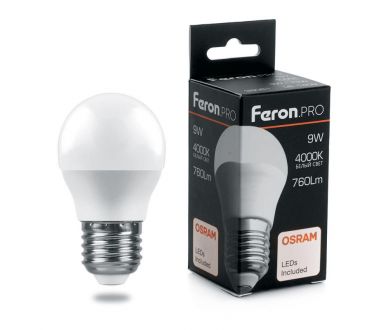 Лампа светодиодная Feron E27 9W 4000K шар матовый LB-1409 38081