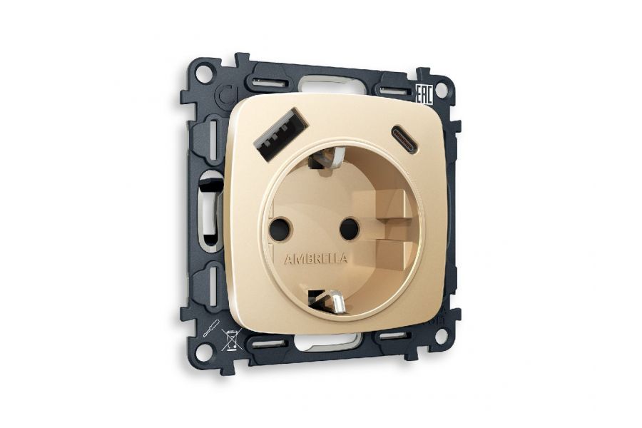 Комплект механизма розетки 2USB A+C 20W (быстрая зарядка) с/з Ambrella Volt Omega MO610010