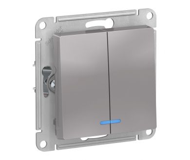 Выключатель 2-клавишный с подсветкой, сх.5а, 10АХ, механизм Systeme Electric AtlasDesign Алюминий ATN000353