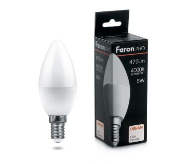 Лампа светодиодная Feron E14 6W 4000K свеча матовая LB-1306 38045