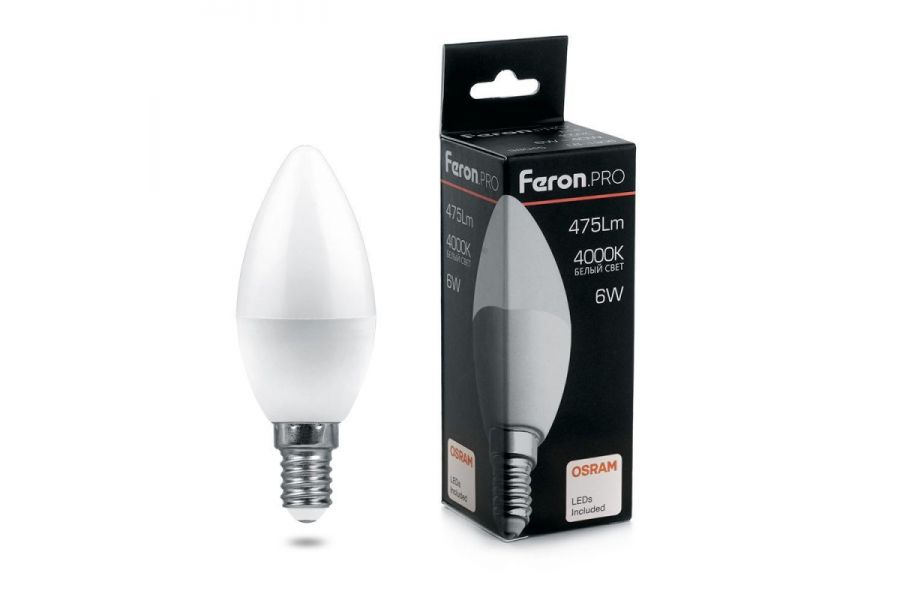 Лампа светодиодная Feron E14 6W 4000K свеча матовая LB-1306 38045