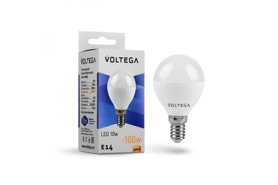 Лампа светодиодная Voltega E14 10W 2800K шар матовый VG2-G45E14warm10W 8453
