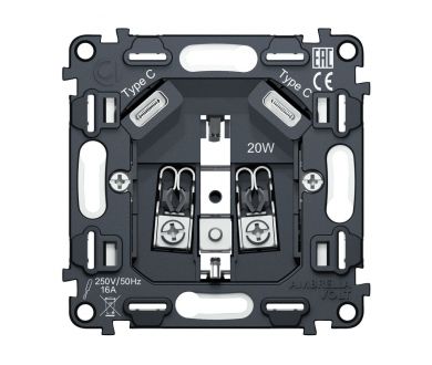 Механизм электрической розетки 2USB С+C 20W (быстрая зарядка) с/з на винтовых зажимах 16A-250V QUANT Ambrella Volt VM165
