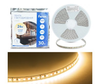 Светодиодная лента 24V Feron LS502, 180*SMD2835, 16W/m, IP20, 3000К (теплый белый) 53089
