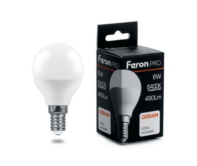 Лампа светодиодная Feron Pro E27 6W 6400K шар матовый LB-1406 38067