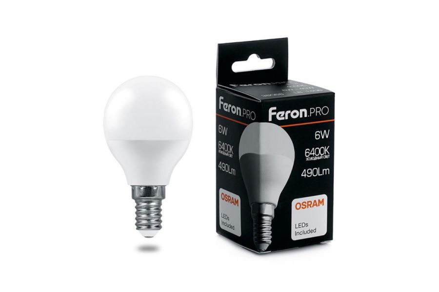 Лампа светодиодная Feron Pro E27 6W 6400K шар матовый LB-1406 38067