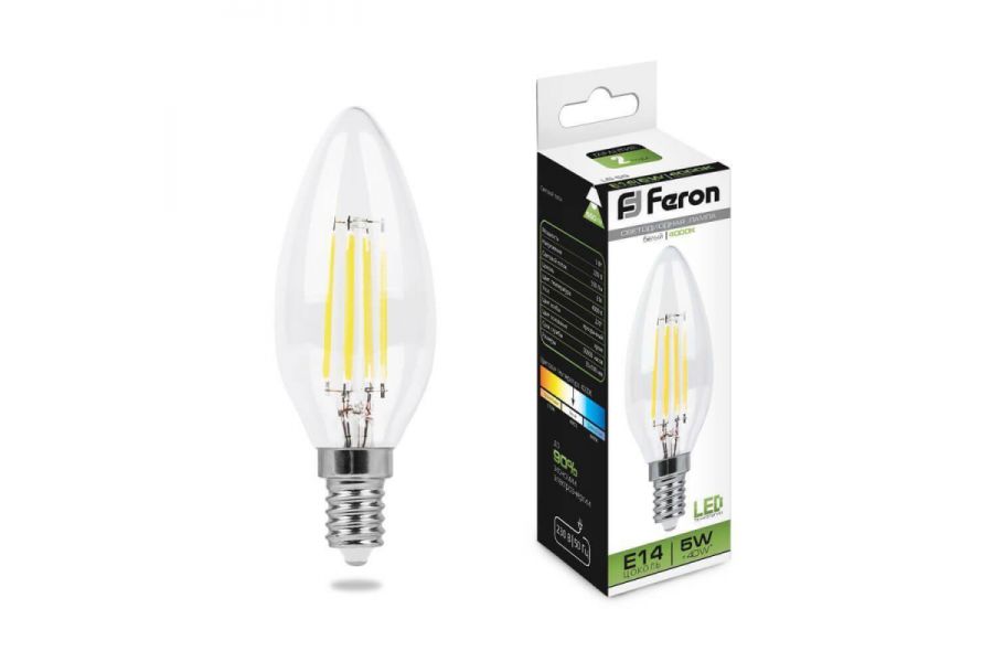 Лампа светодиодная филаментная Feron E14 5W 4000K Свеча Прозрачная LB-58 25573