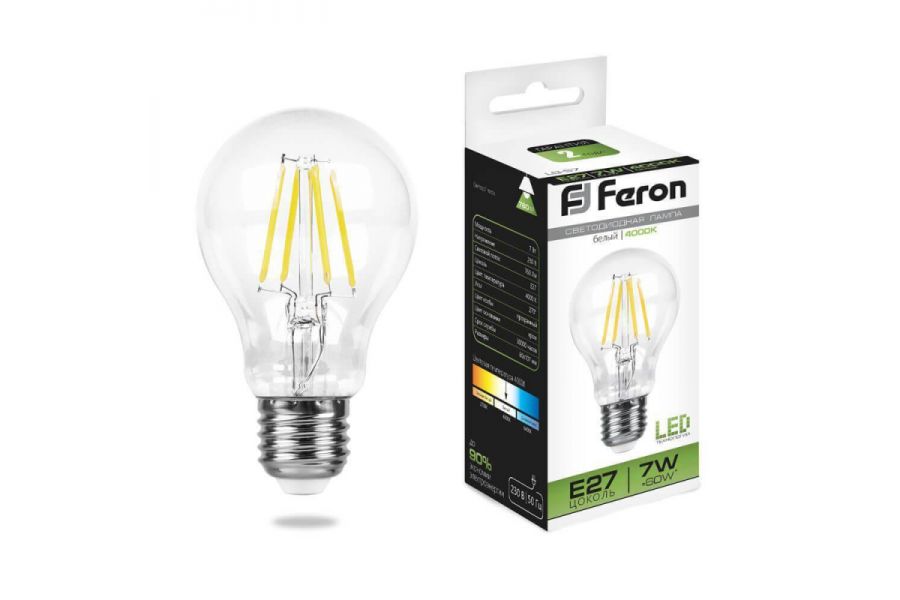 Лампа светодиодная филаментная Feron E27 7W 4000K Шар Прозрачная LB-57 25570