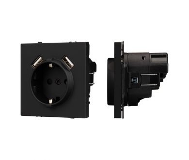 Розетка зк со шторками с USB тип А+А софт-тач черный оникс Arlight SCT-MUAA-SFPL-BK (250V, 16A) 054289(1)