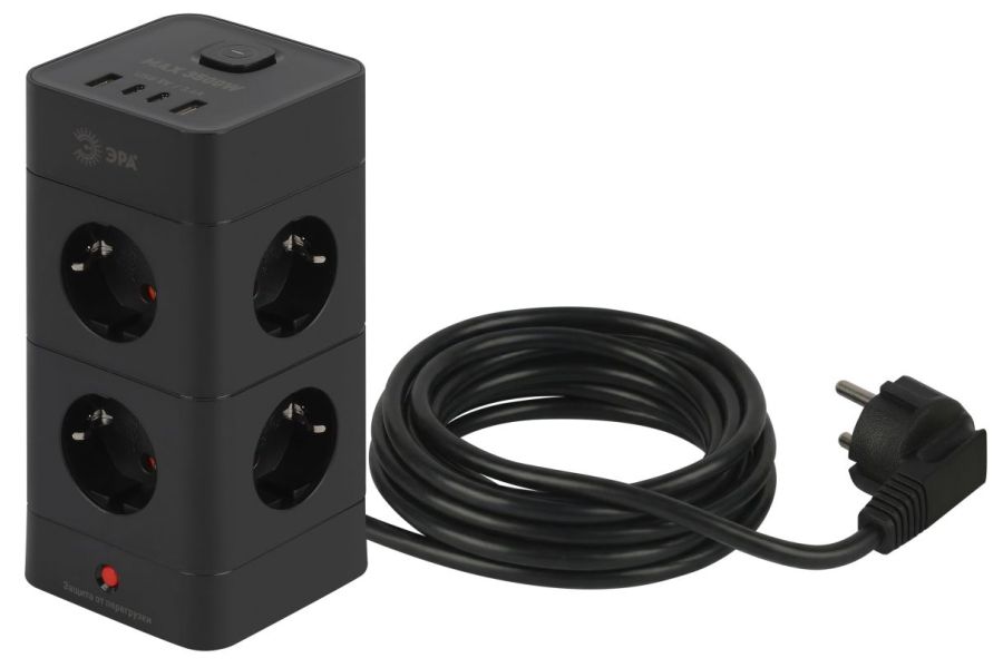 Сетевой фильтр ЭРА TWR-8es-1,5m-4USB-B башня с защитой заземлением с выключателем 8 розеток+4xUSBA+C 1,5м 16А черный Б0069072