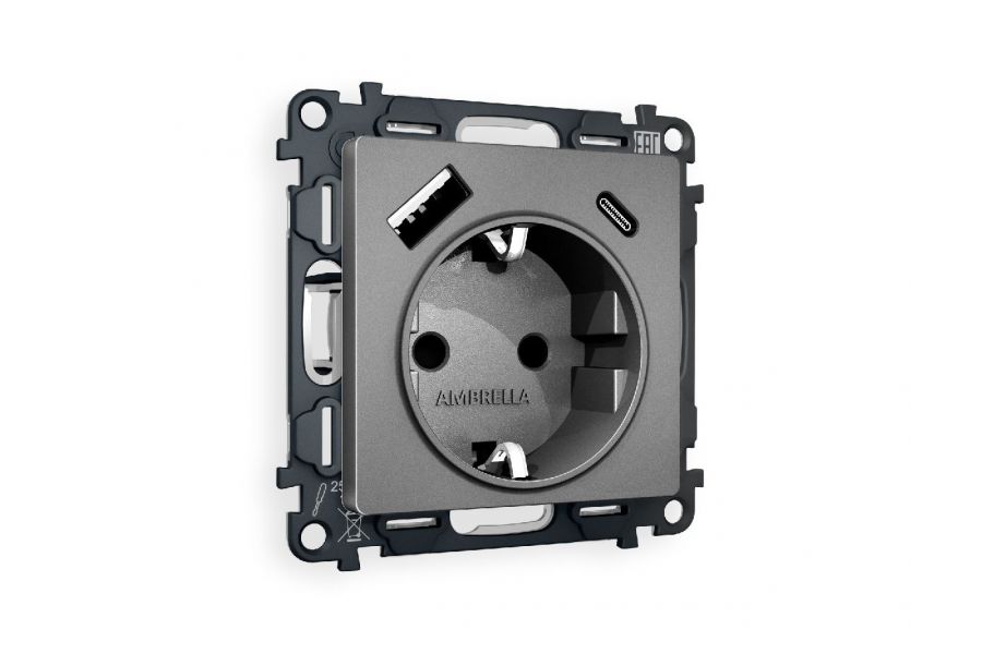 Комплект механизма розетки 2USB A+C 20W (быстрая зарядка) с/з Ambrella Volt Alfa MA660010