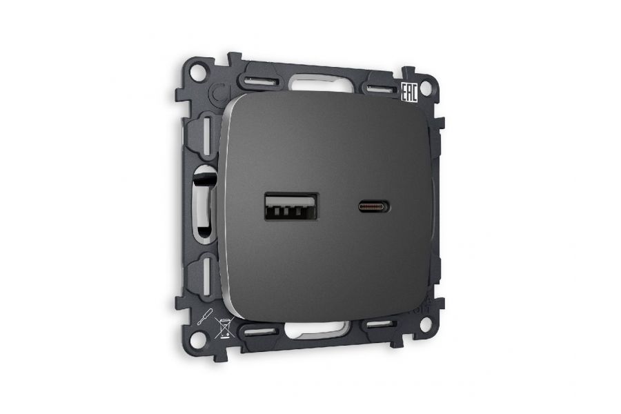 Комплект механизма розетки 2USB A+C 20W (быстрая зарядка) Ambrella Volt Omega MO661010