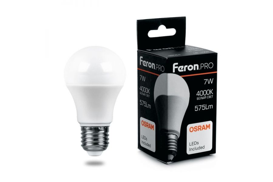 Лампа светодиодная Feron E27 7W 4000K груша матовая LB-1007 38024