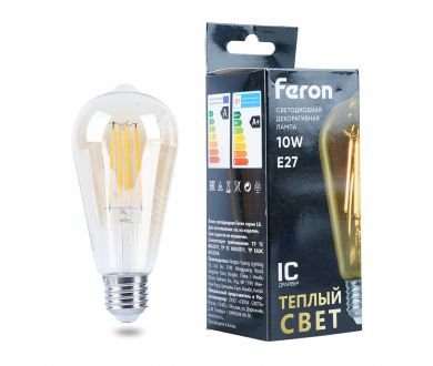 Лампа светодиодная филаментная Feron LB-64 колба прозрачная E27 10W 230V 2700K 52165