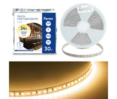 Светодиодная лента 24V Feron LS501, 120*SMD2835, 11W/m, IP20, 3000К (теплый белый) 53086