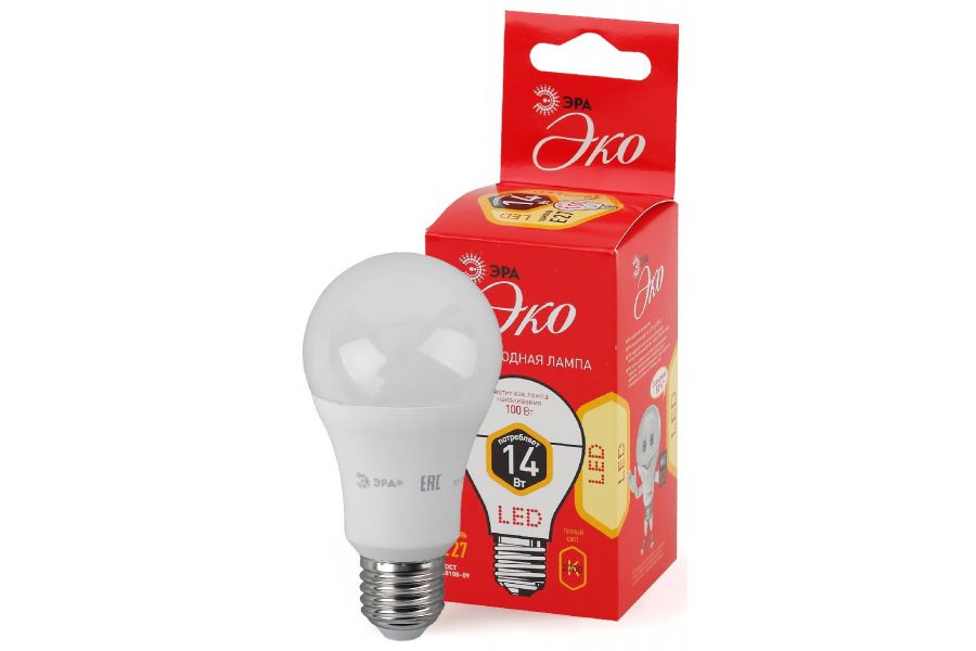 Лампа светодиодная Эра Е27 14W 2700K ECO LED A60-14W-827-E27 груша Б0030028