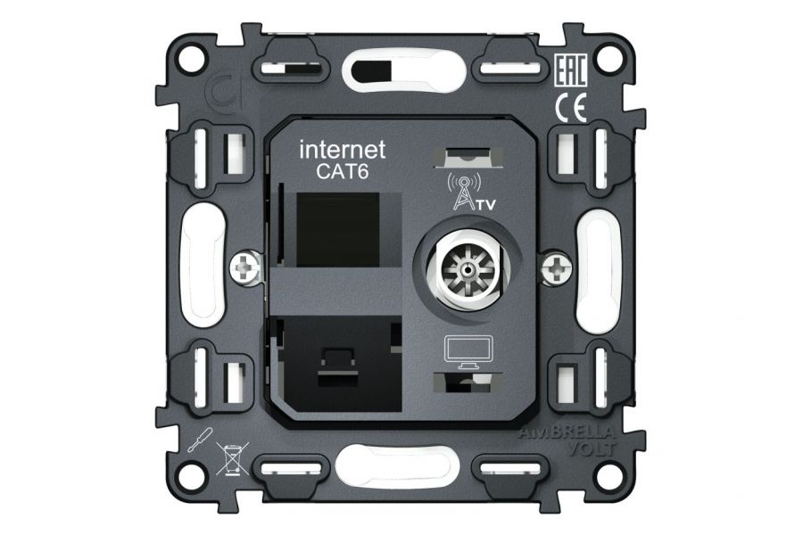 Механизм розетки компьютерной + TV оконечной RJ-45 (8P8C) CAT6/50-870 MHz 1dB с автоматической защитной шторкой QUANT Ambrella Volt VM195