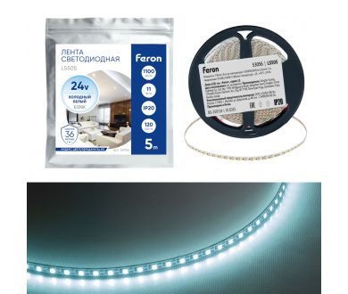 Светодиодная лента 24V Feron LS505 , 120*SMD2835, 11W/m, IP20, 6500К (белый холодный) 53056