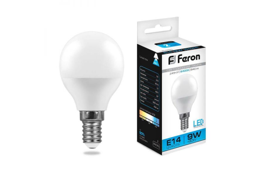 Лампа светодиодная Feron E14 9W 6400K Шар Матовая LB-550 25803
