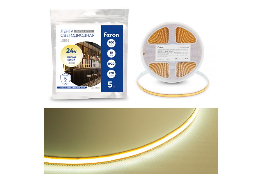 Светодиодная лента Feron LS536 720SMD(2110) 10Вт/м 24V IP20 3000К 53097