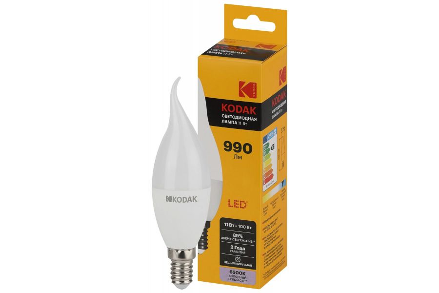 Лампа светодиодная Kodak LED BXS-11W-865-E14 K 11Вт свеча на ветру холодный дневной свет Е14 Б0057637