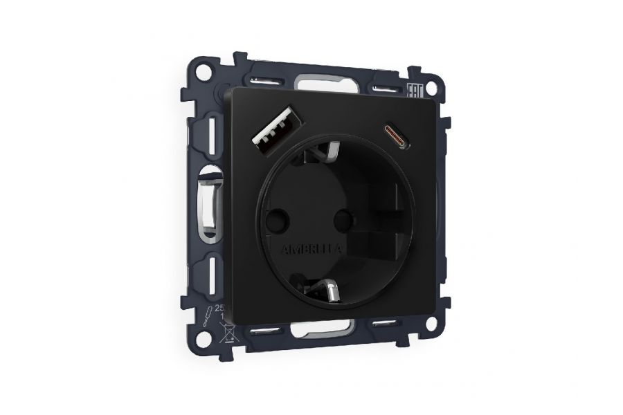 Комплект механизма розетки 2USB A+C 20W (быстрая зарядка) с/з Ambrella Volt Alfa MA810010