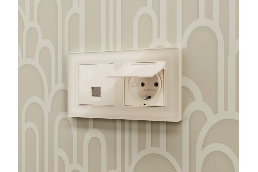 Комплект механизма компьютерной розетки RJ-45 экранированной с автоматической защитной шторкой Alfa Бежевый глянец Quant Ambrella Volt MA312005 (AP3120, VM185)