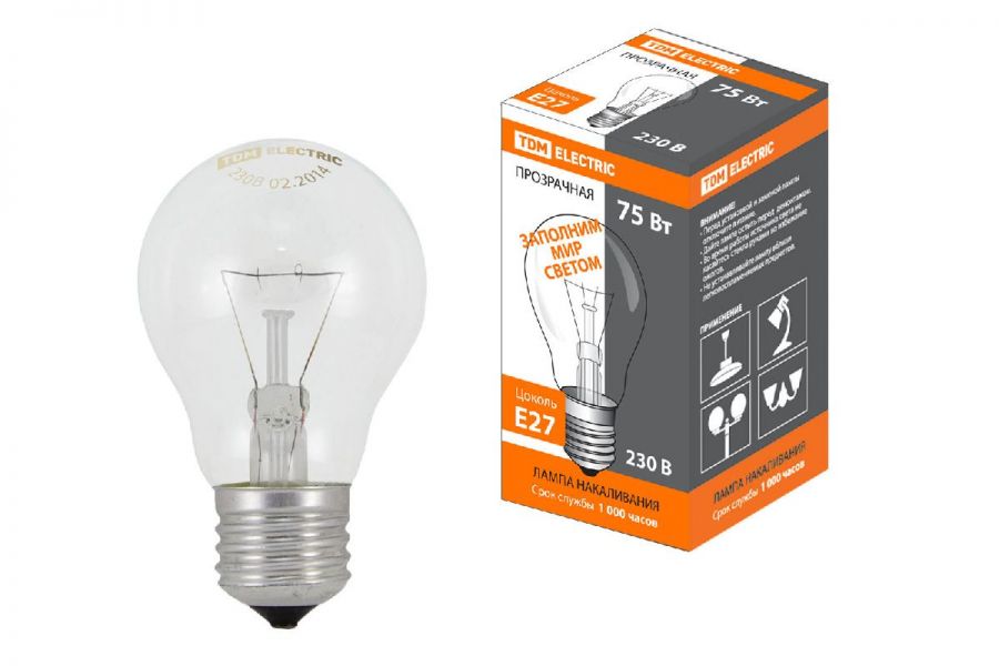 Лампа накаливания TDM Electric E27 75W 2700K прозрачная SQ0332-0037