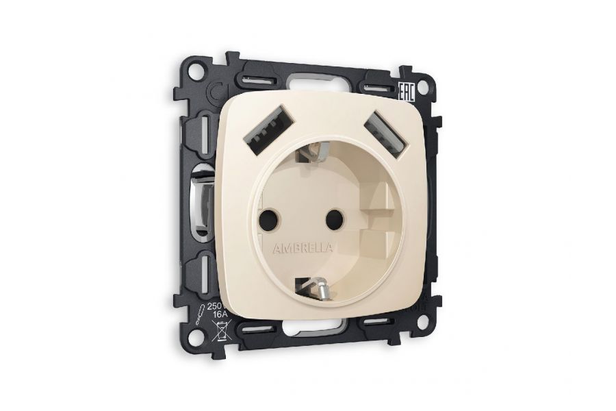 Комплект механизма розетки 2USB A+A 18W (быстрая зарядка) с/з Ambrella Volt Omega MO329010