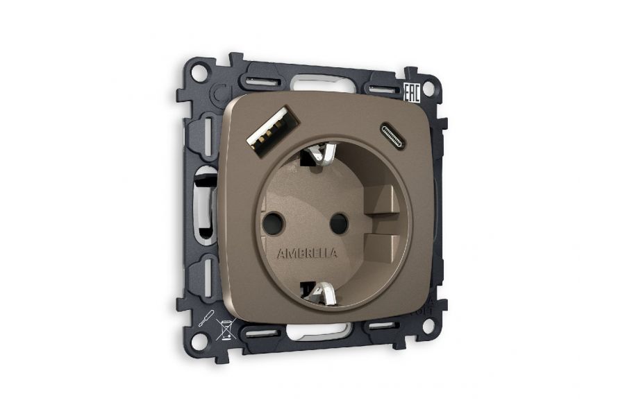 Комплект механизма розетки 2USB A+C 20W (быстрая зарядка) с/з Ambrella Volt Omega MO640010