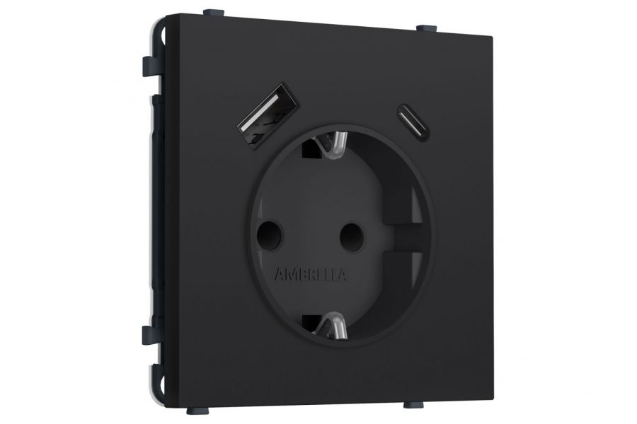 Комплект механизма электрической розетки SIGMA Черный Мягкое касание 2USB A+C 20W Ambrella Volt MS990010 (SP9900, PR160)
