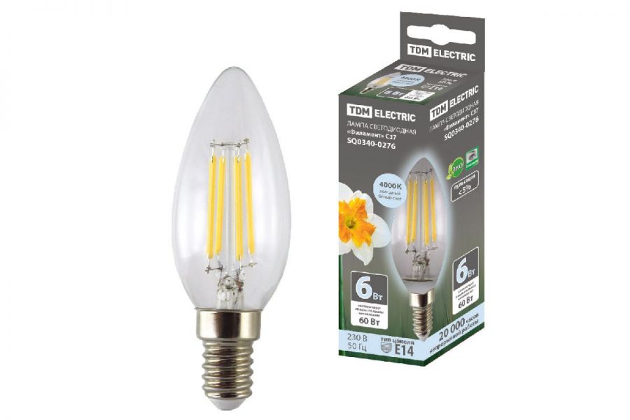 Лампа светодиодная филаментная TDM Electric Е14 6W 4000K прозрачная SQ0340-0276