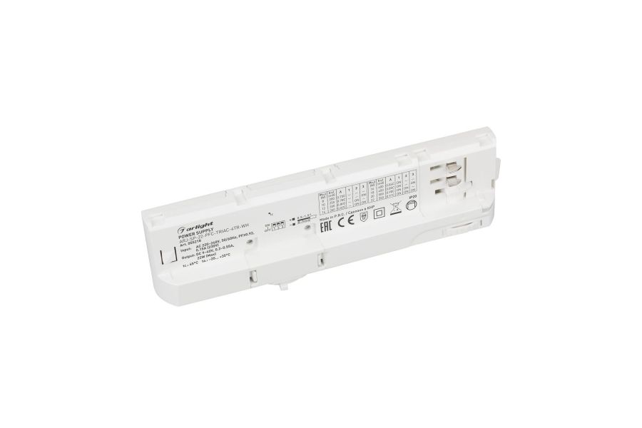 Блок питания для трековых систем Arlight ARJ-SP-22-PFC-TRIAC-4TR-WH (22W, 9-40V, 0.2-0.55A) (IP20 Пластик) 055218