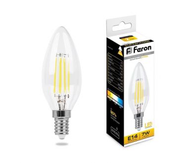 Лампа светодиодная филаментная Feron E14 7W 2700K Свеча Прозрачная LB-66 25726