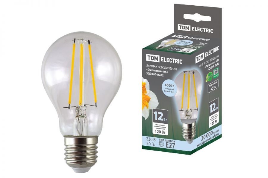 Лампа светодиодная филаментная TDM Electric E27 12W 4000K прозрачная SQ0340-0282