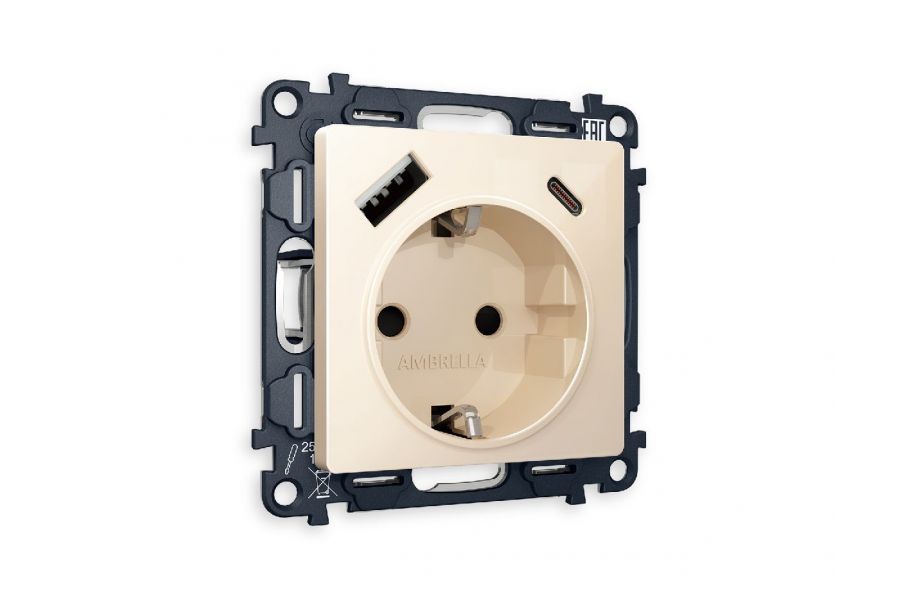 Комплект механизма розетки 2USB A+C 20W (быстрая зарядка) с/з Ambrella Volt Alfa MA310010