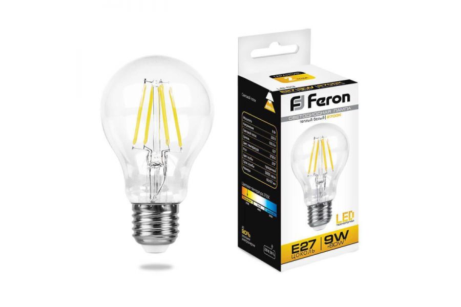Лампа светодиодная филаментная Feron E27 9W 2700K Шар Прозрачная LB-63 25631