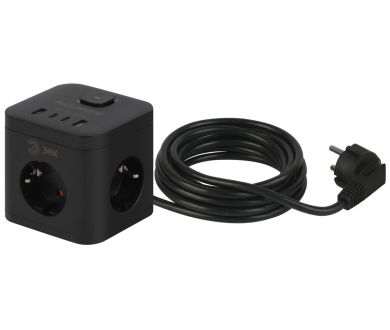 Сетевой фильтр ЭРА CUBE-3es-1,5m-4USB-B куб с заземлением с выключателем 3 розетки+4xUSBA+C 1,5м 16А черный Б0069074