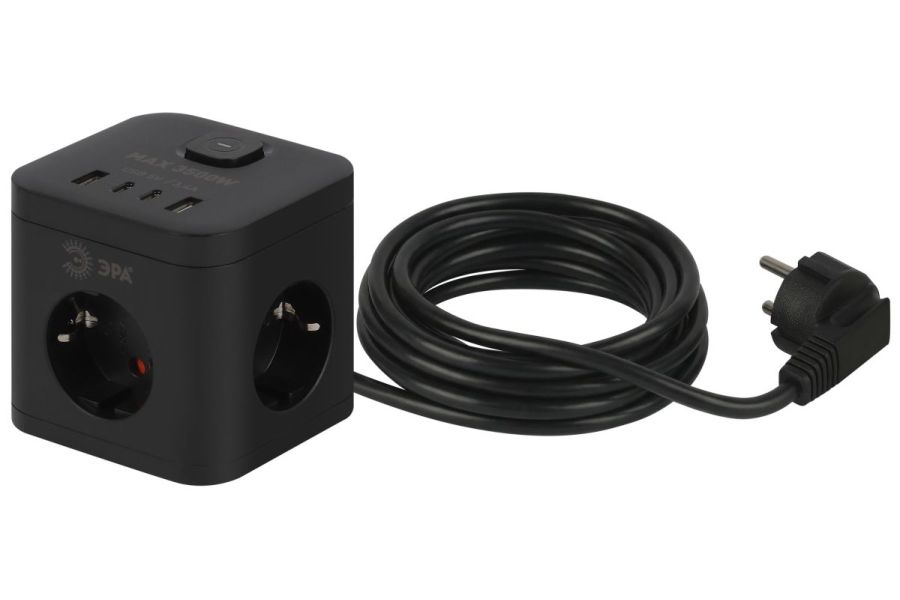 Сетевой фильтр ЭРА CUBE-3es-1,5m-4USB-B куб с заземлением с выключателем 3 розетки+4xUSBA+C 1,5м 16А черный Б0069074