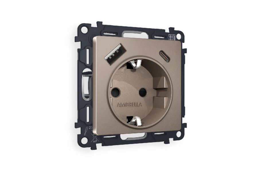 Комплект механизма розетки 2USB A+C 20W (быстрая зарядка) с/з Ambrella Volt Alfa MA640010