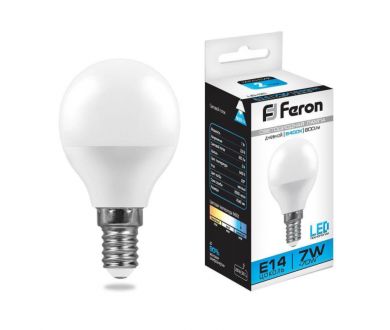 Лампа светодиодная Feron E14 7W 6400K Шар Матовая LB-95 25480