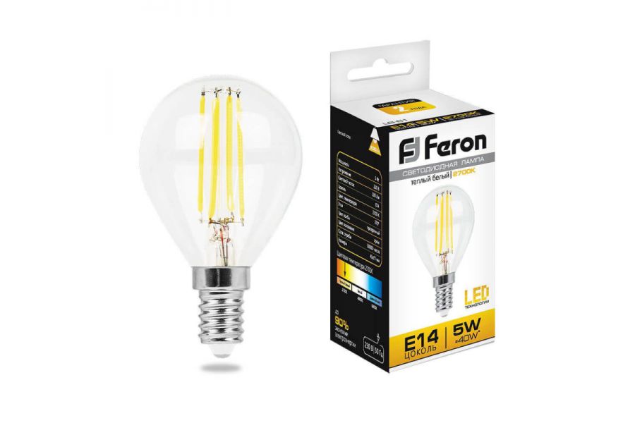 Лампа светодиодная филаментная Feron E14 5W 2700K Шар Прозрачная LB-61 25578